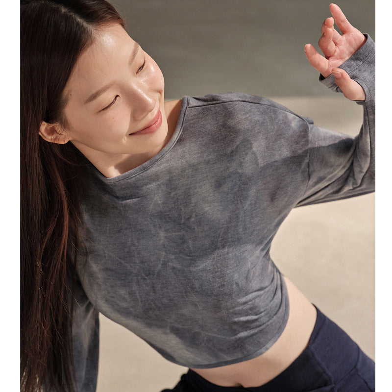 Tie-Dye Camouflage Long Sleeve Yoga Tops for Women, Short Cropped Sports Shirt with Back Cutout, Moisture-Wicking Workout Tee
