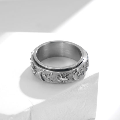 Spinning Sun Moon Stars Ring | Rotating Charm Titanium Steel Fidget Jewelry | Unisex