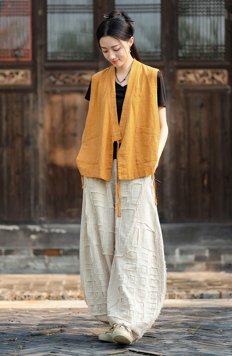 2025 Spring/Summer Original Linen Patchwork Natural Frayed Hem Meditation Harem Pants – Unisex Loose Boho Pants