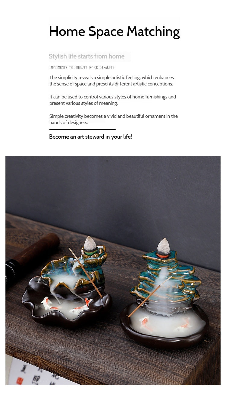 Ceramic Backflow Incense Burner – Handmade Zen Double Fish Design, Reflow Incense Holder for Home Decor, Meditation