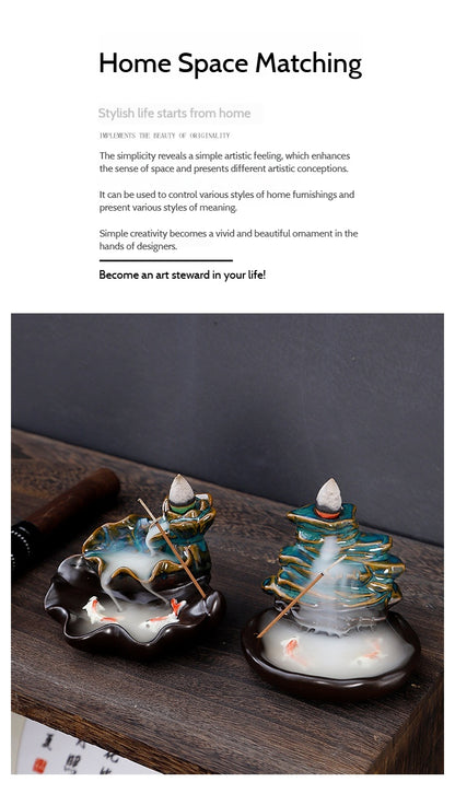 Ceramic Backflow Incense Burner – Handmade Zen Double Fish Design, Reflow Incense Holder for Home Decor, Meditation