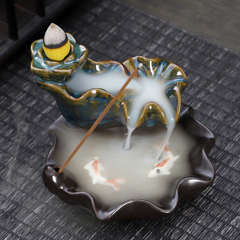 Ceramic Backflow Incense Burner – Handmade Zen Double Fish Design, Reflow Incense Holder for Home Decor, Meditation
