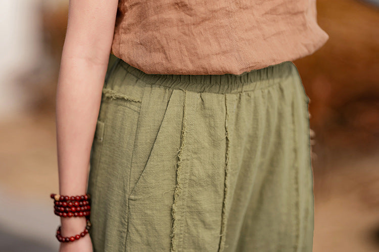 2025 Spring Summer New Linen Women Pants, Ramie Blend Brushed Wide-Leg Lantern Pants, Boho Retro Loose Culottes