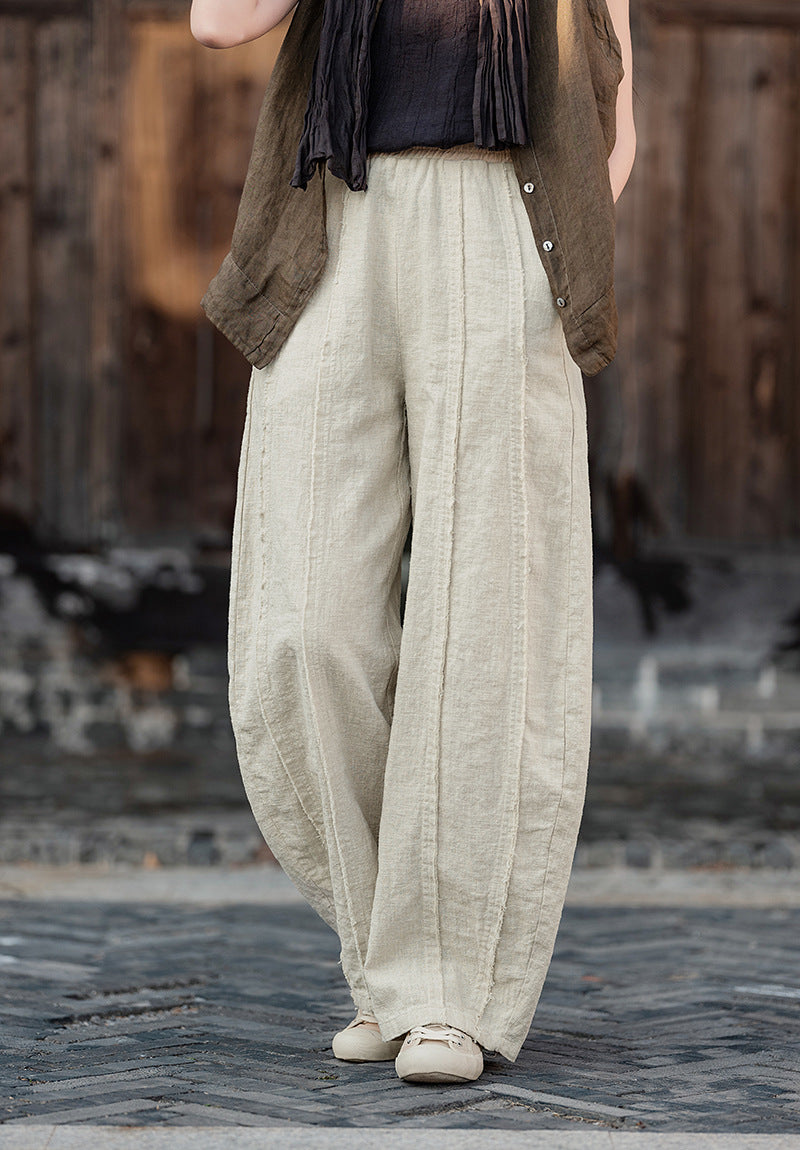 2025 Spring Summer New Linen Women Pants, Ramie Blend Brushed Wide-Leg Lantern Pants, Boho Retro Loose Culottes