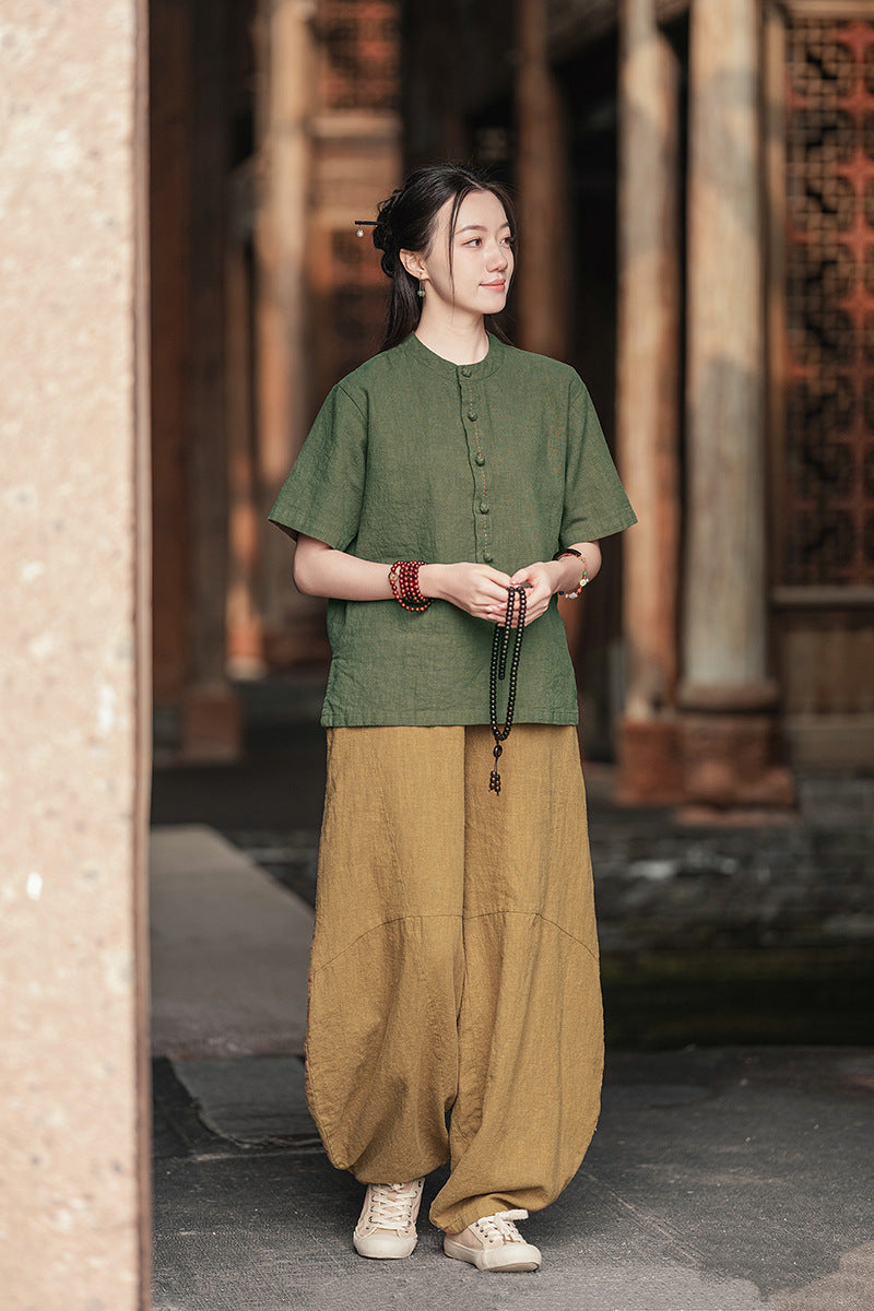 Ramie Sand-Washed Vintage Loose Bohemian Pants Women's Harem Pants – Cotton Linen Meditation Yoga Tai Chi Pants