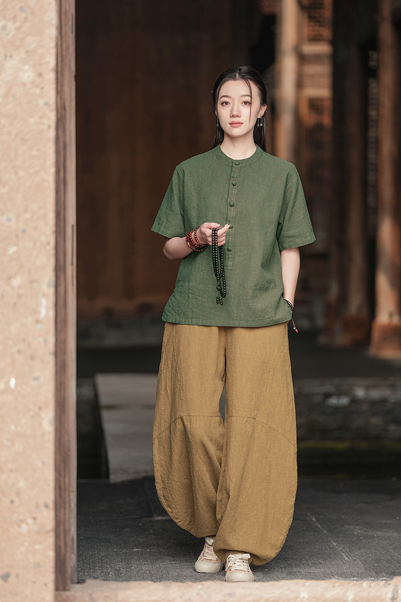 Ramie Sand-Washed Vintage Loose Bohemian Pants Women's Harem Pants – Cotton Linen Meditation Yoga Tai Chi Pants