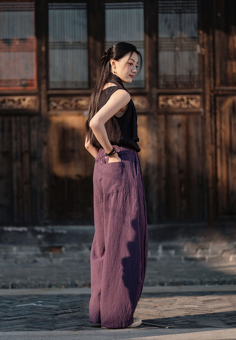 2025 Spring Summer New Linen Women Pants, Ramie Blend Brushed Wide-Leg Lantern Pants, Boho Retro Loose Culottes