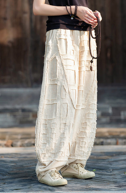 2025 Spring/Summer Original Linen Patchwork Natural Frayed Hem Meditation Harem Pants – Unisex Loose Boho Pants