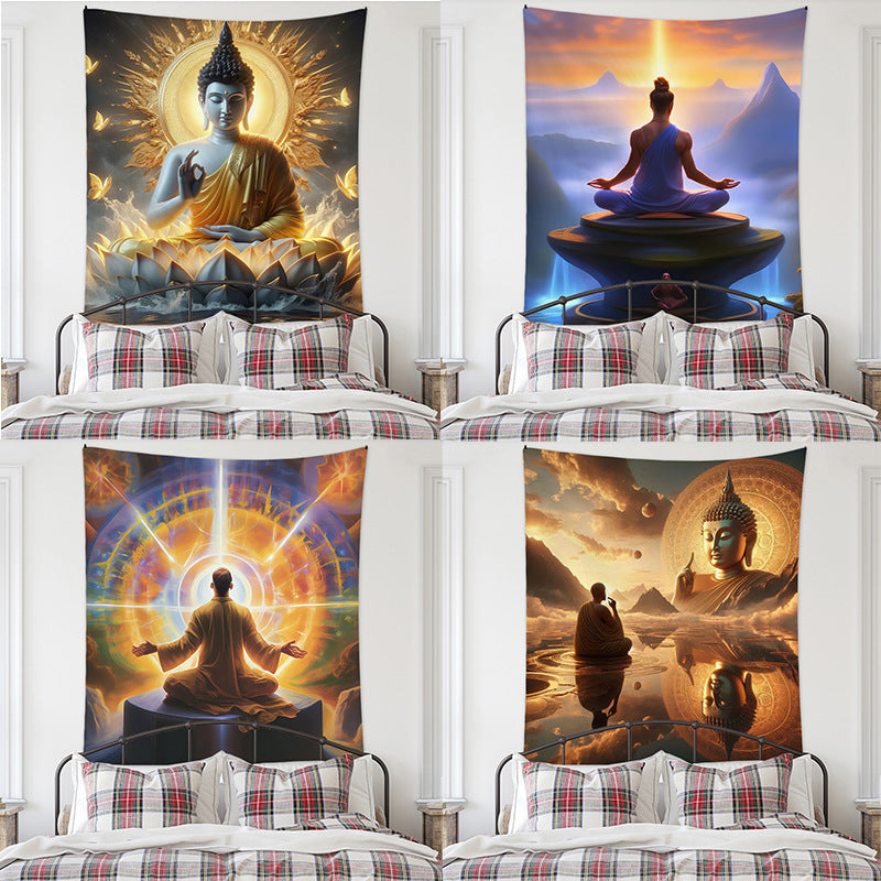 Meditation Bedroom Decor Buddha Shrine Background Digital Printed Peach Skin Tapestry Wall Hanging for Bedroom & Living Room