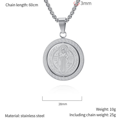 St. Benedict Exorcist Medal Spinning Pendant Necklace for Men, Two-Sided Rotatable Protection Charm
