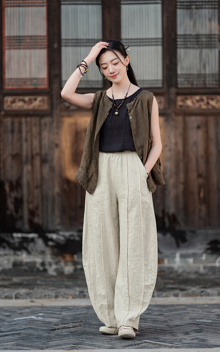2025 Spring Summer New Linen Women Pants, Ramie Blend Brushed Wide-Leg Lantern Pants, Boho Retro Loose Culottes