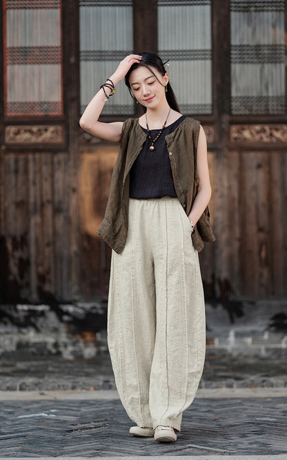 2025 Spring Summer New Linen Women Pants, Ramie Blend Brushed Wide-Leg Lantern Pants, Boho Retro Loose Culottes