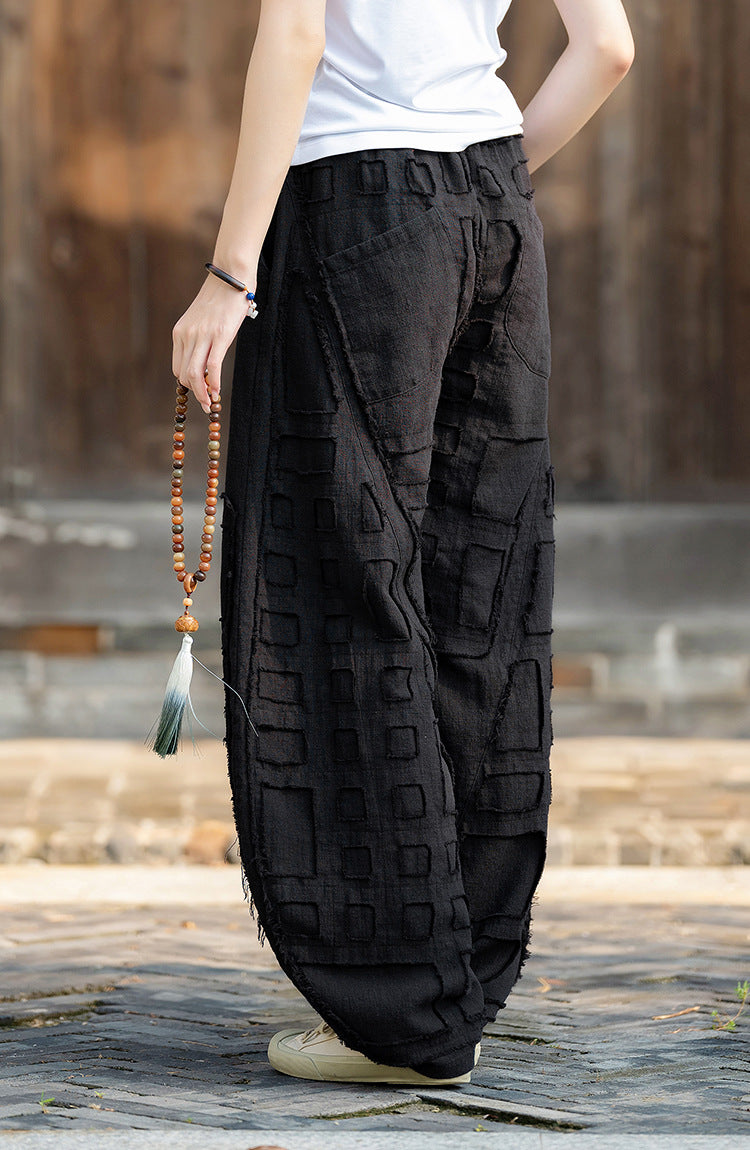 2025 Spring/Summer Original Linen Patchwork Natural Frayed Hem Meditation Harem Pants – Unisex Loose Boho Pants