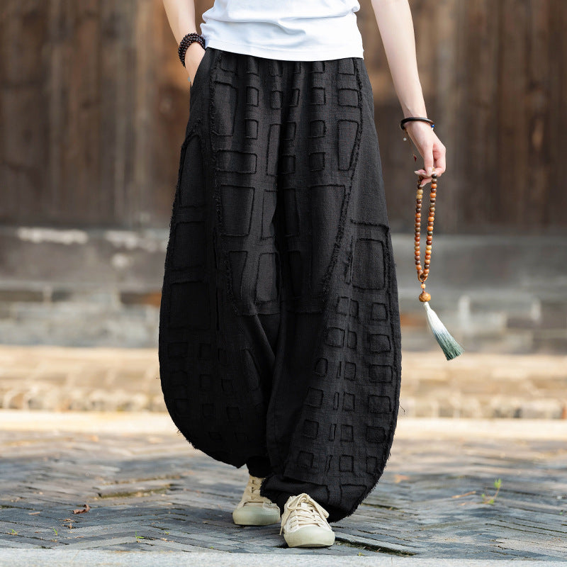 2025 Spring/Summer Original Linen Patchwork Natural Frayed Hem Meditation Harem Pants – Unisex Loose Boho Pants
