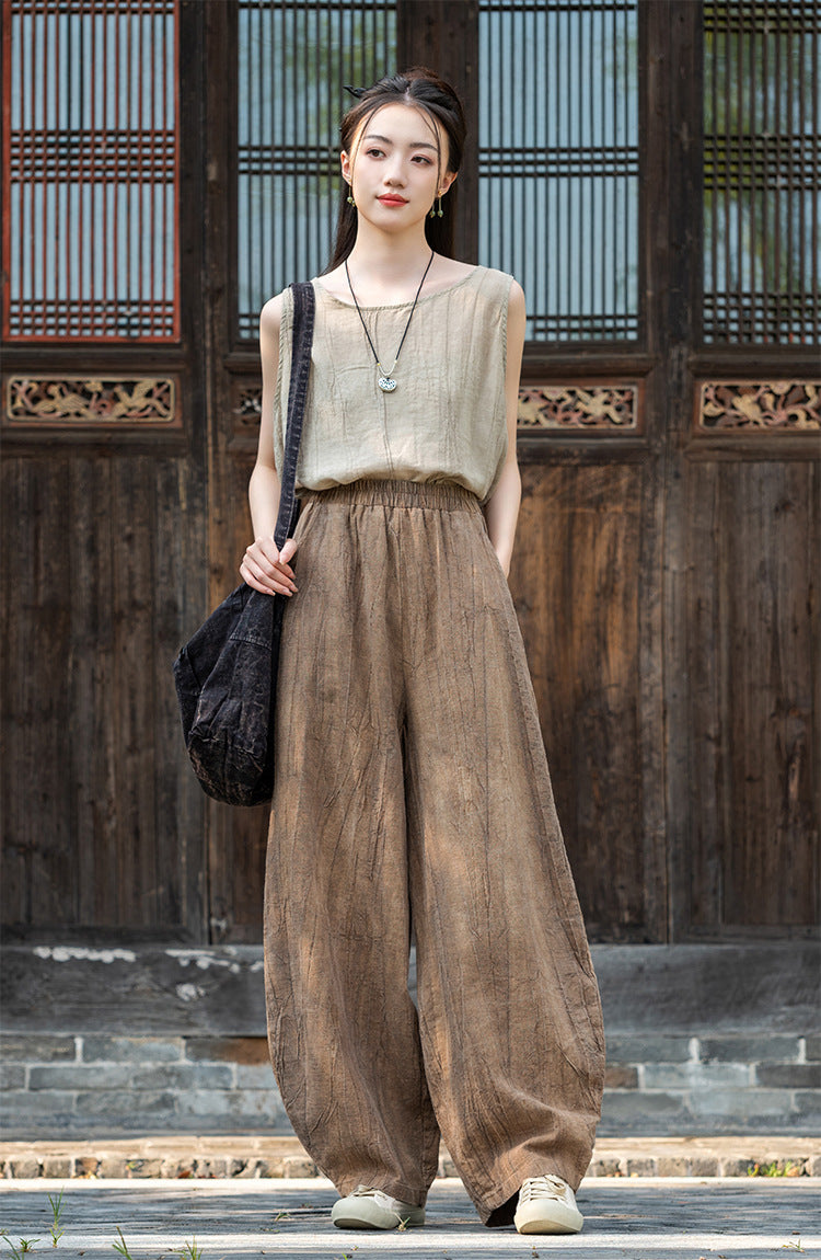 2025 New Ramie Tie-Dye Distressed Casual Pants – Women’s Linen Boho Meditation Harem Pants