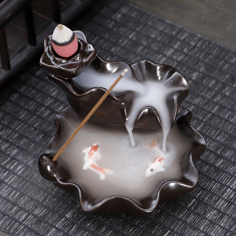 Ceramic Backflow Incense Burner – Handmade Zen Double Fish Design, Reflow Incense Holder for Home Decor, Meditation