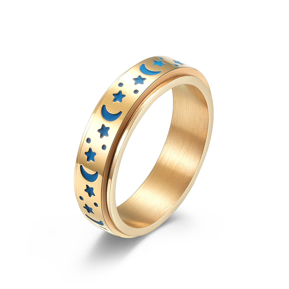 Star Moon Titanium Steel Rotatable Glow in the Dark Ring for Stress Relief Anxiety Reduction Unisex Meditation Ring