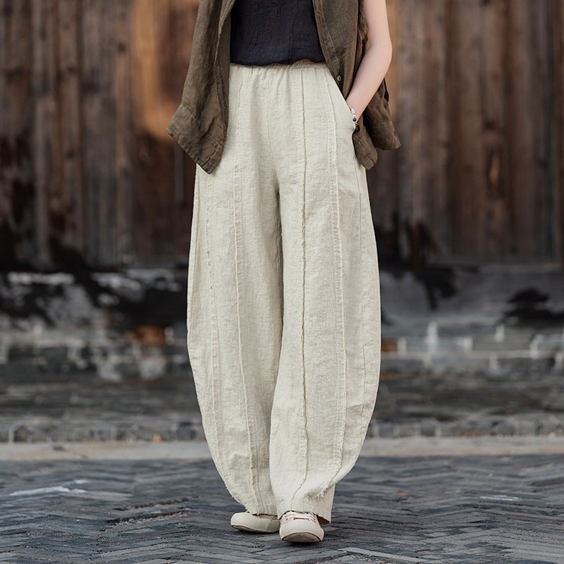 2025 Spring Summer New Linen Women Pants, Ramie Blend Brushed Wide-Leg Lantern Pants, Boho Retro Loose Culottes
