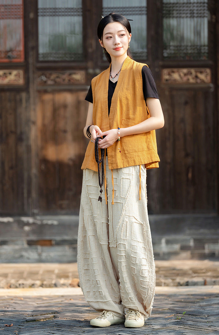 2025 Spring/Summer Original Linen Patchwork Natural Frayed Hem Meditation Harem Pants – Unisex Loose Boho Pants