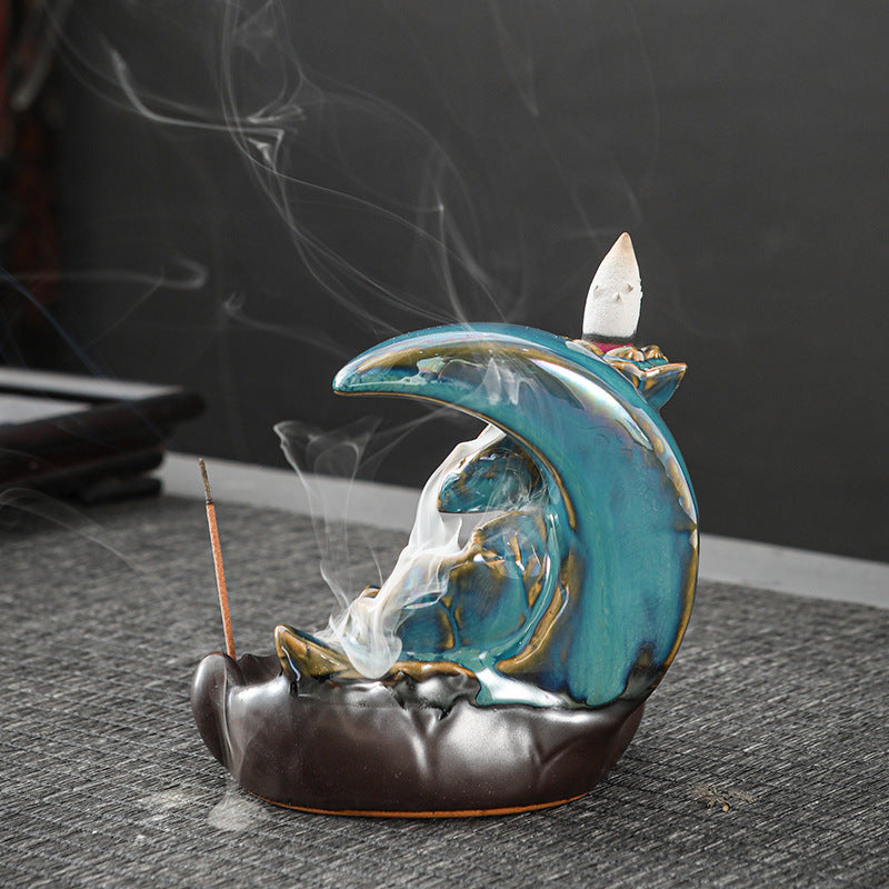 Ceramic Backflow Incense Burner – Handmade Zen Double Fish Design, Reflow Incense Holder for Home Decor, Meditation