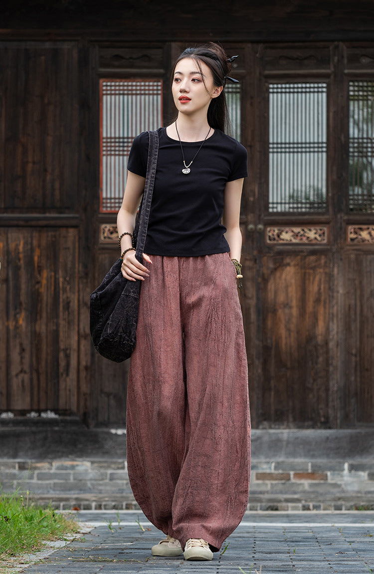2025 New Ramie Tie-Dye Distressed Casual Pants – Women’s Linen Boho Meditation Harem Pants