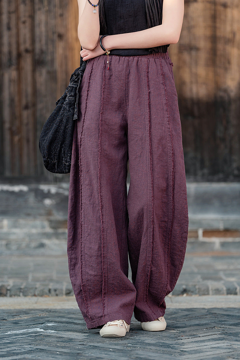 2025 Spring Summer New Linen Women Pants, Ramie Blend Brushed Wide-Leg Lantern Pants, Boho Retro Loose Culottes