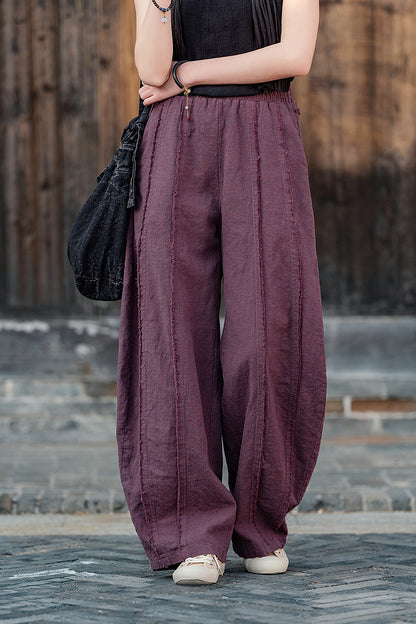 2025 Spring Summer New Linen Women Pants, Ramie Blend Brushed Wide-Leg Lantern Pants, Boho Retro Loose Culottes