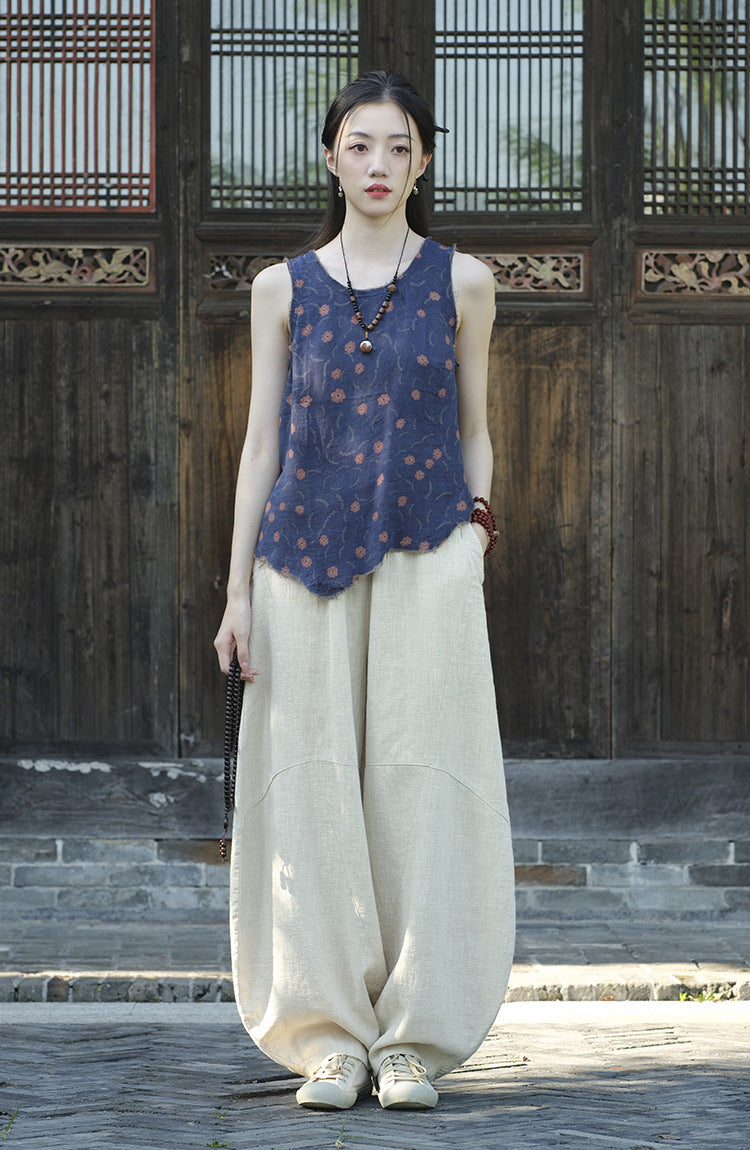 Ramie Sand-Washed Vintage Loose Bohemian Pants Women's Harem Pants – Cotton Linen Meditation Yoga Tai Chi Pants