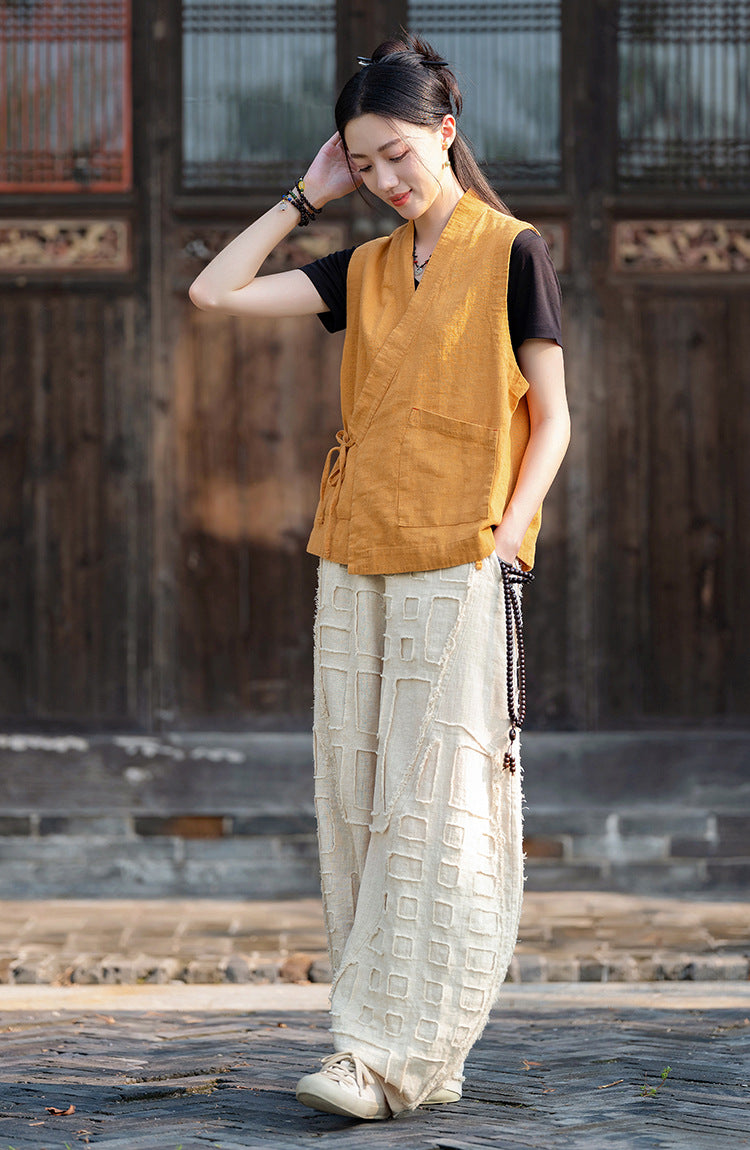 2025 Spring/Summer Original Linen Patchwork Natural Frayed Hem Meditation Harem Pants – Unisex Loose Boho Pants