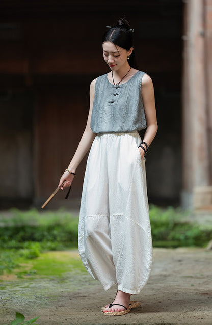 2025 Summer New Retro Zen Casual Pants Women – Linen & Tencel Washed High Waist Wide Leg Culottes for Meditation & Lounge