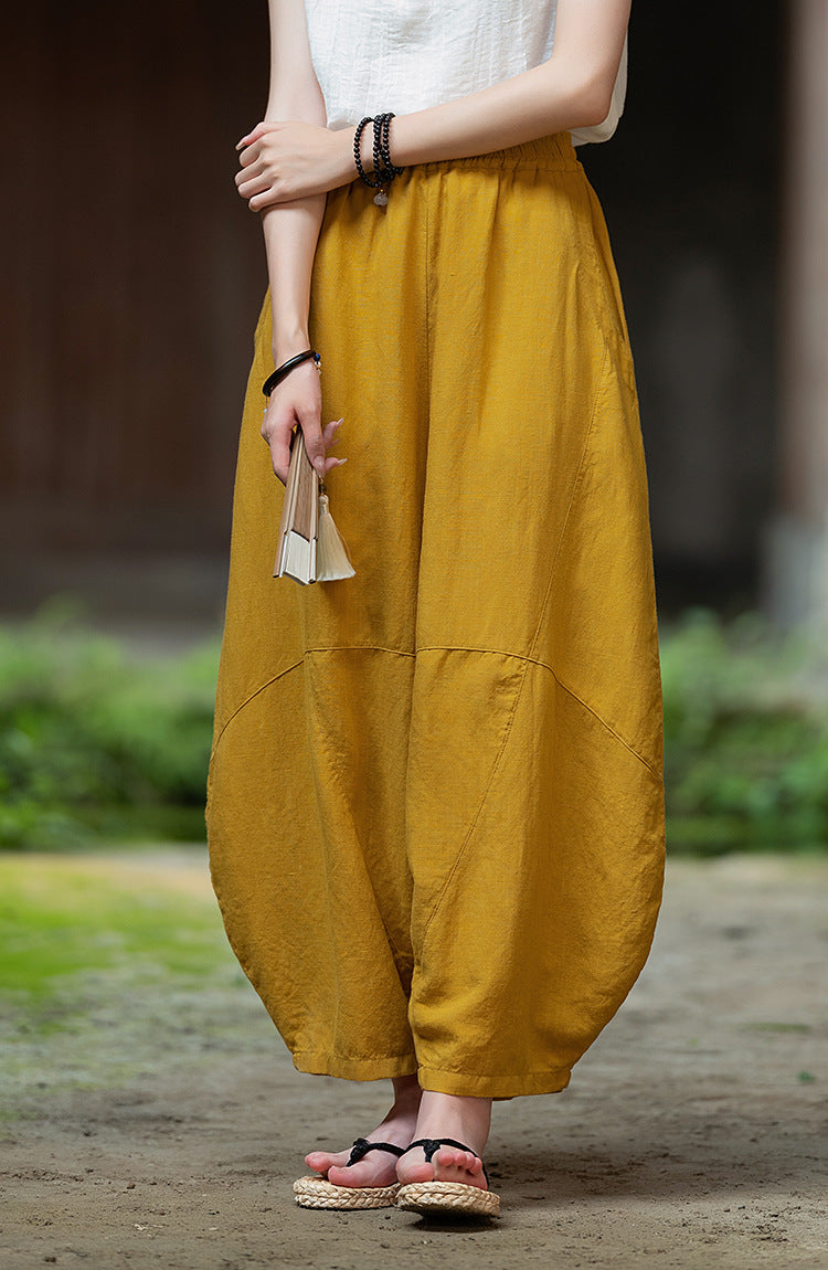 2025 Summer New Retro Zen Casual Pants Women – Linen & Tencel Washed High Waist Wide Leg Culottes for Meditation & Lounge