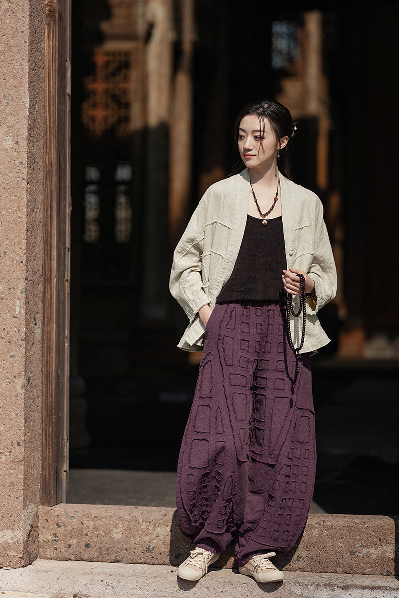 2025 Spring/Summer Original Linen Patchwork Natural Frayed Hem Meditation Harem Pants – Unisex Loose Boho Pants
