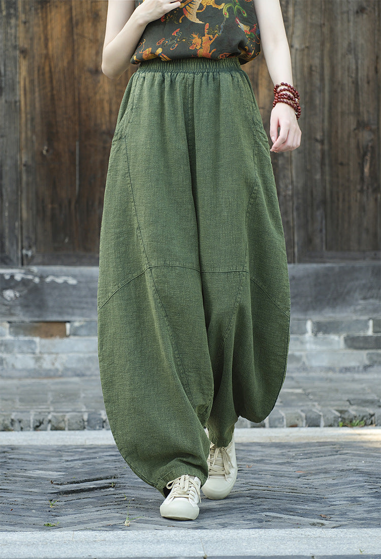Ramie Sand-Washed Vintage Loose Bohemian Pants Women's Harem Pants – Cotton Linen Meditation Yoga Tai Chi Pants