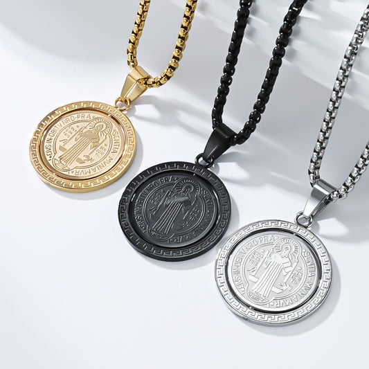 St. Benedict Exorcist Medal Spinning Pendant Necklace for Men, Two-Sided Rotatable Protection Charm