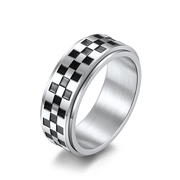 Racing Flag Pattern Stainless Steel Spinning Fidget Ring – Stress Relief & Anxiety Ring for Men & Women