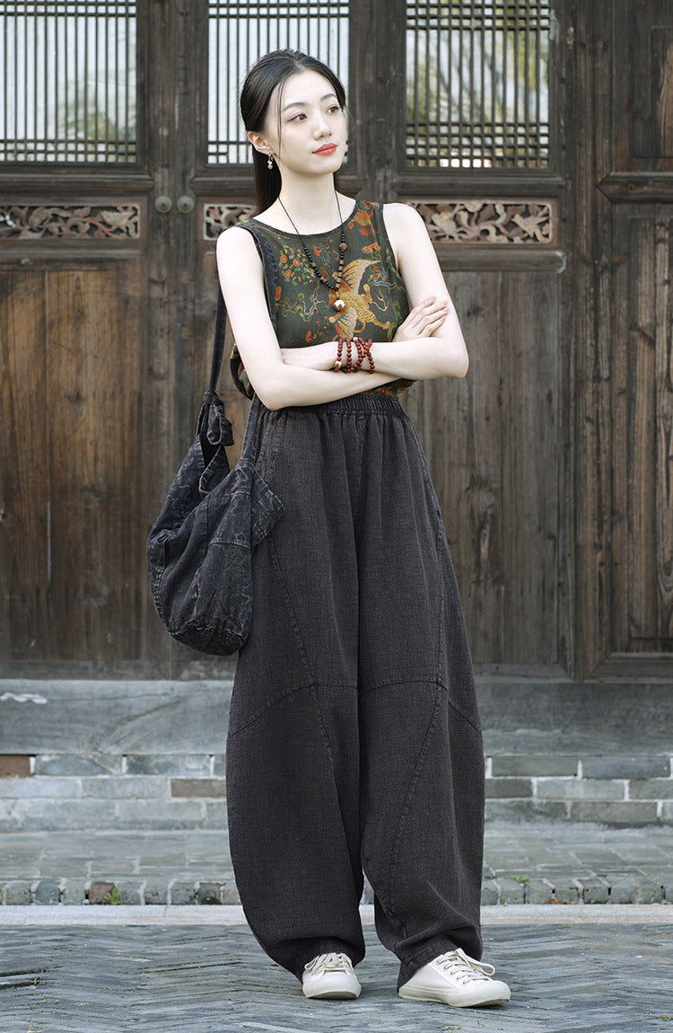 Ramie Sand-Washed Vintage Loose Bohemian Pants Women's Harem Pants – Cotton Linen Meditation Yoga Tai Chi Pants