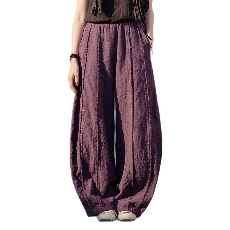 2025 Spring Summer New Linen Women Pants, Ramie Blend Brushed Wide-Leg Lantern Pants, Boho Retro Loose Culottes