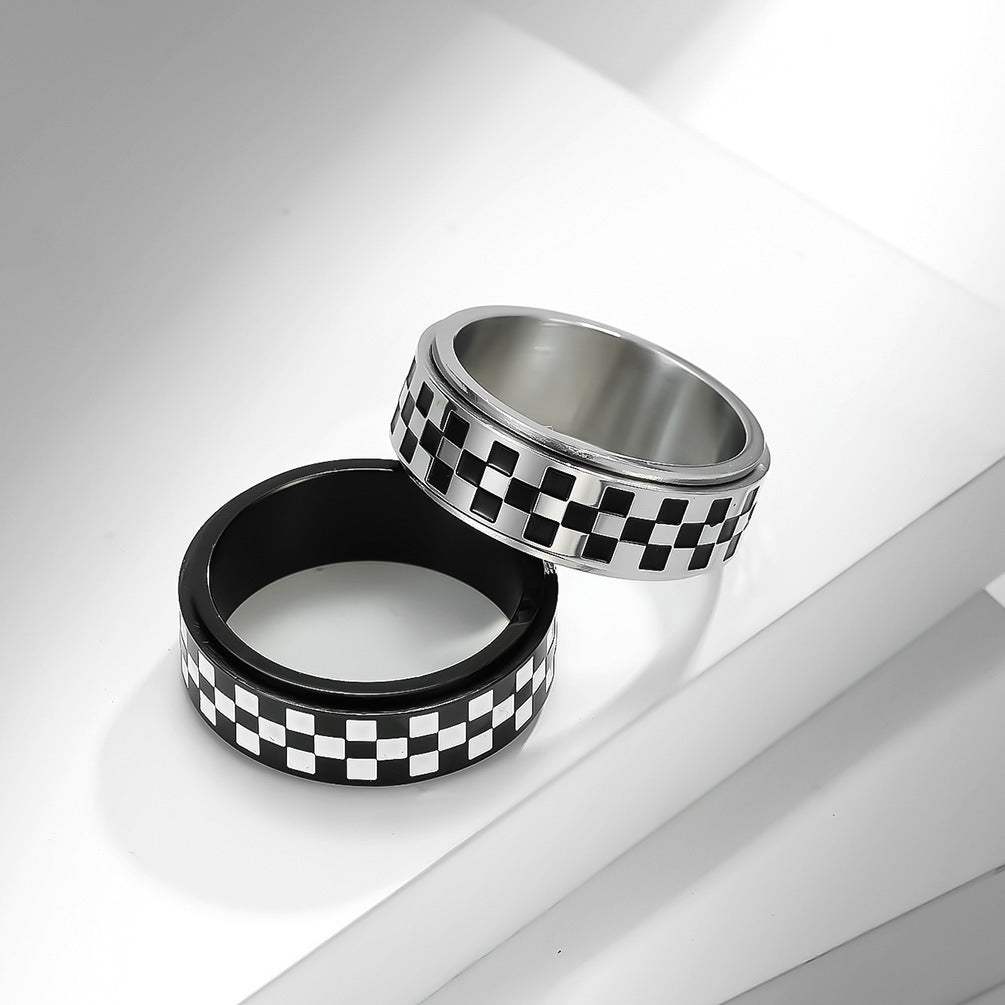 Racing Flag Pattern Stainless Steel Spinning Fidget Ring – Stress Relief & Anxiety Ring for Men & Women