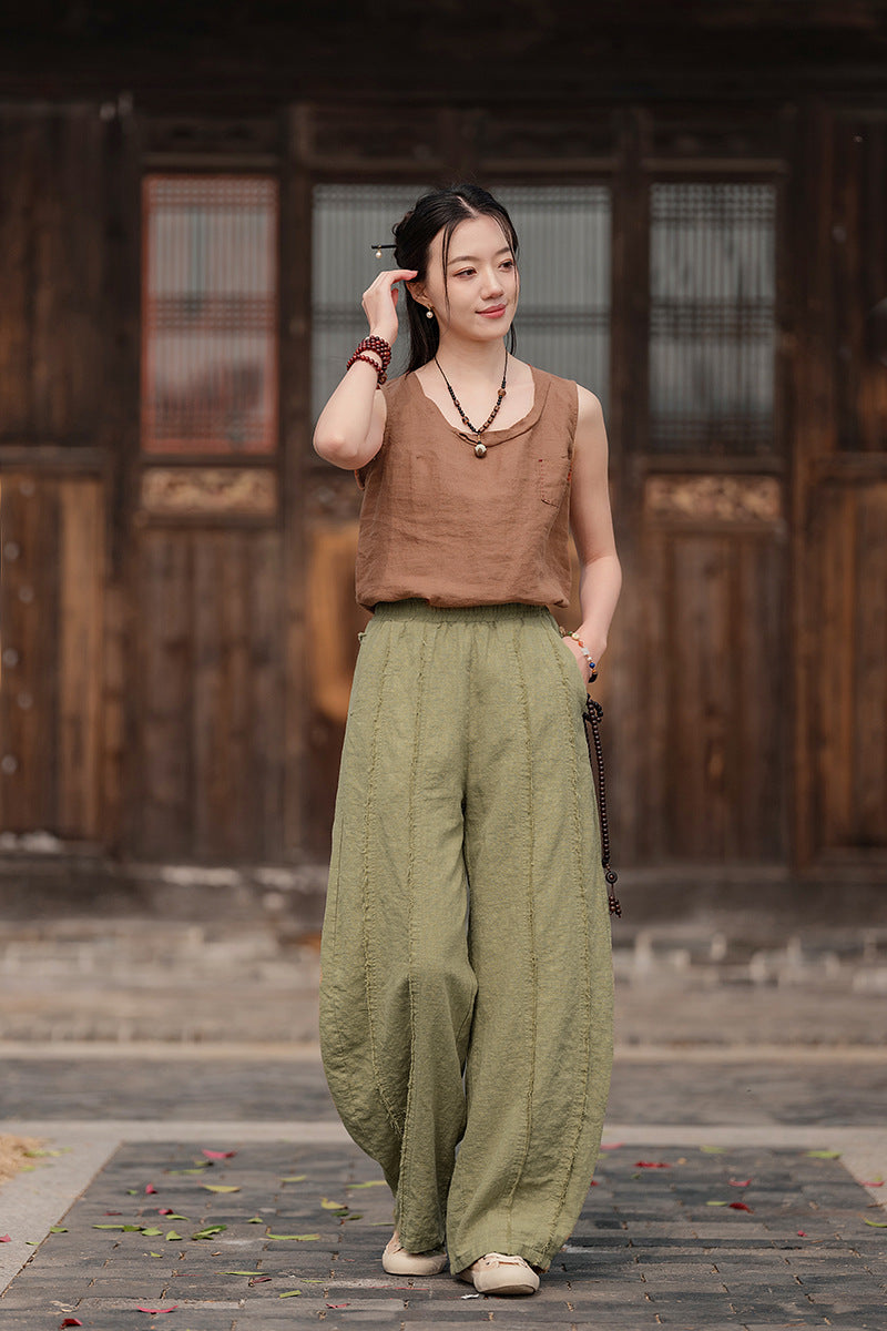 2025 Spring Summer New Linen Women Pants, Ramie Blend Brushed Wide-Leg Lantern Pants, Boho Retro Loose Culottes