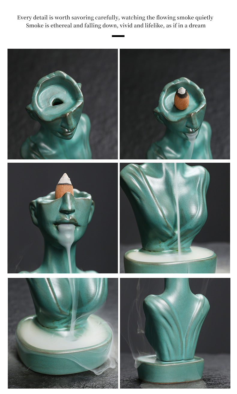Ceramic Backflow Incense Burner - Matte Blue/Matte Green/Kiln Blue - Zen Meditation Home Decor