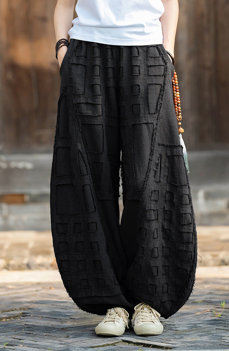 2025 Spring/Summer Original Linen Patchwork Natural Frayed Hem Meditation Harem Pants – Unisex Loose Boho Pants