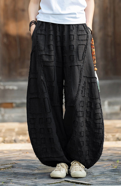2025 Spring/Summer Original Linen Patchwork Natural Frayed Hem Meditation Harem Pants – Unisex Loose Boho Pants