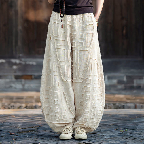 2025 Spring/Summer Original Linen Patchwork Natural Frayed Hem Meditation Harem Pants – Unisex Loose Boho Pants