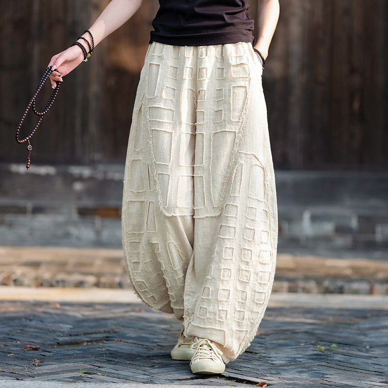 2025 Spring/Summer Original Linen Patchwork Natural Frayed Hem Meditation Harem Pants – Unisex Loose Boho Pants
