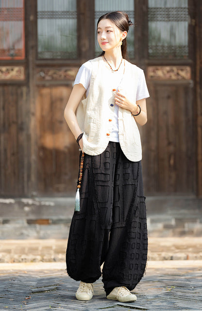 2025 Spring/Summer Original Linen Patchwork Natural Frayed Hem Meditation Harem Pants – Unisex Loose Boho Pants