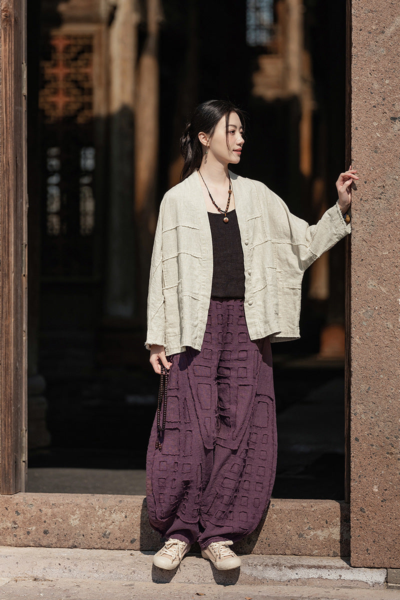 2025 Spring/Summer Original Linen Patchwork Natural Frayed Hem Meditation Harem Pants – Unisex Loose Boho Pants