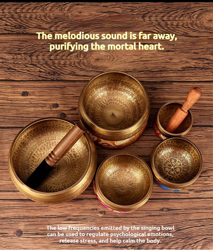 Nepal Handmade Tibetan Singing Bowl - Six-Syllable Mantra Meditation Bowl for Yoga, Sound Healing & Feng Shui (Multiple Sizes)