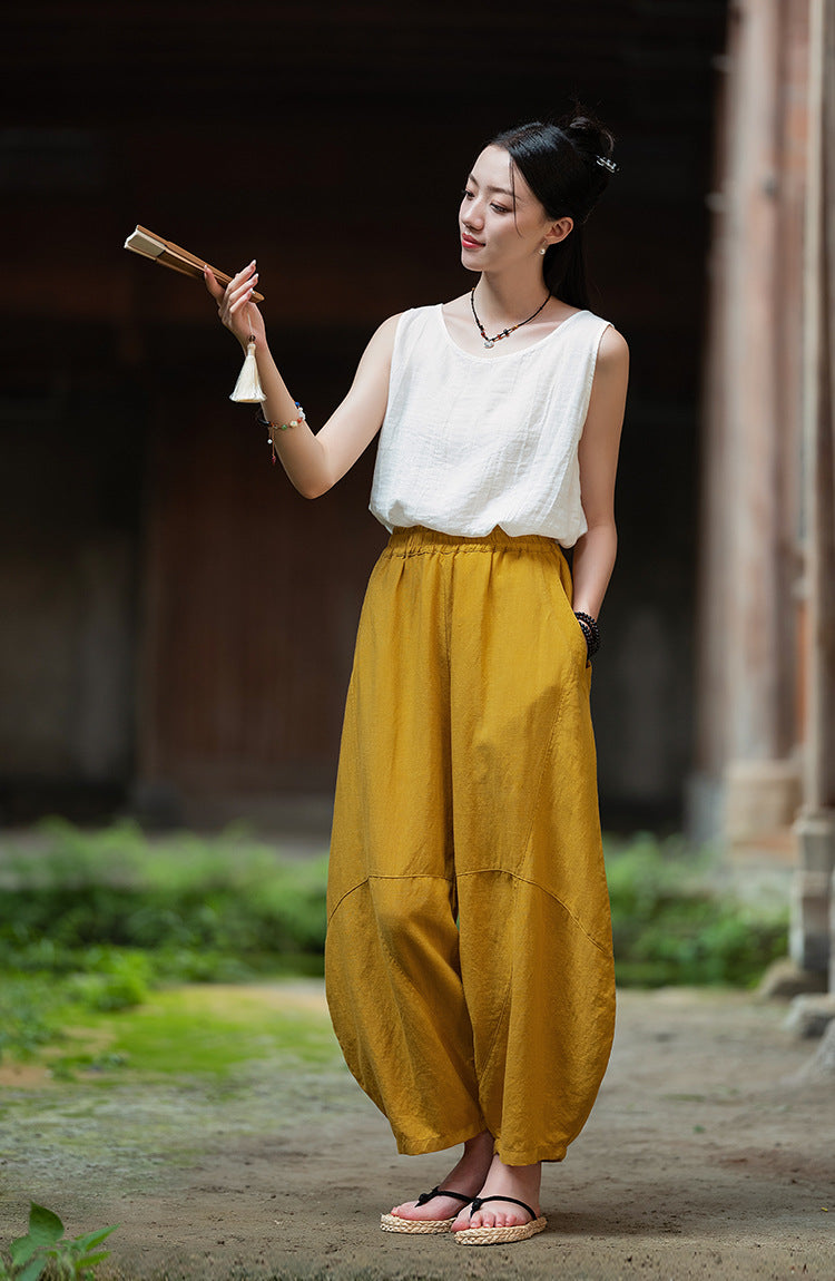 2025 Summer New Retro Zen Casual Pants Women – Linen & Tencel Washed High Waist Wide Leg Culottes for Meditation & Lounge