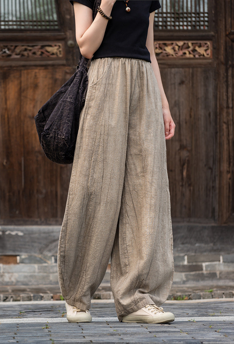 2025 New Ramie Tie-Dye Distressed Casual Pants – Women’s Linen Boho Meditation Harem Pants