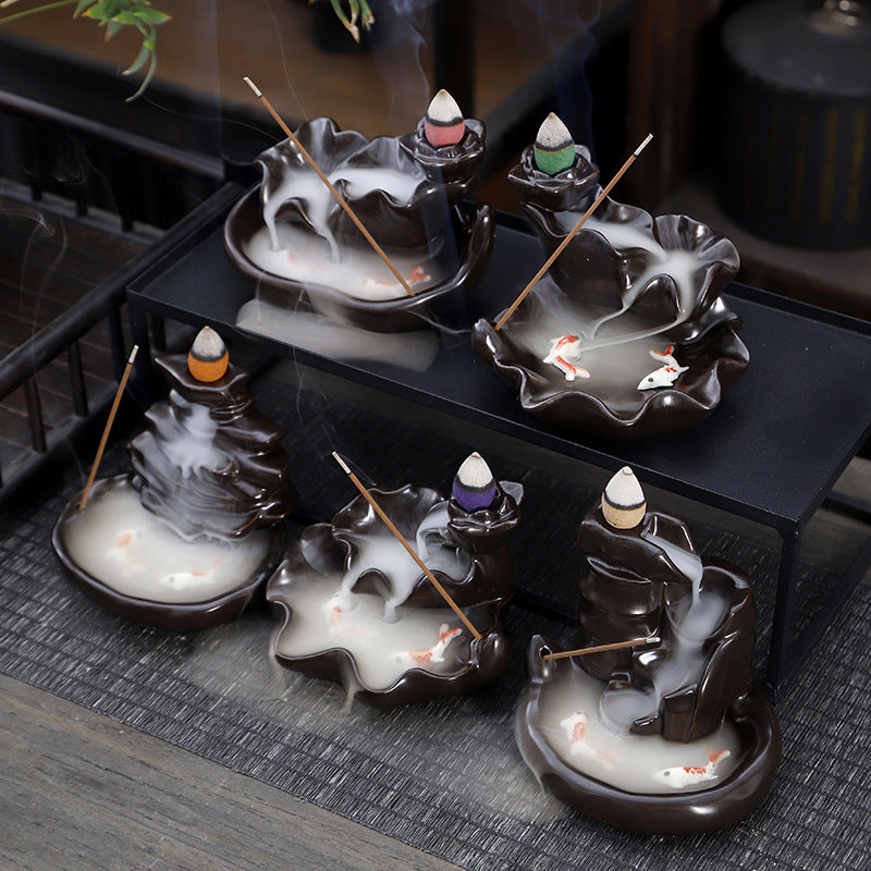 Ceramic Backflow Incense Burner – Handmade Zen Double Fish Design, Reflow Incense Holder for Home Decor, Meditation